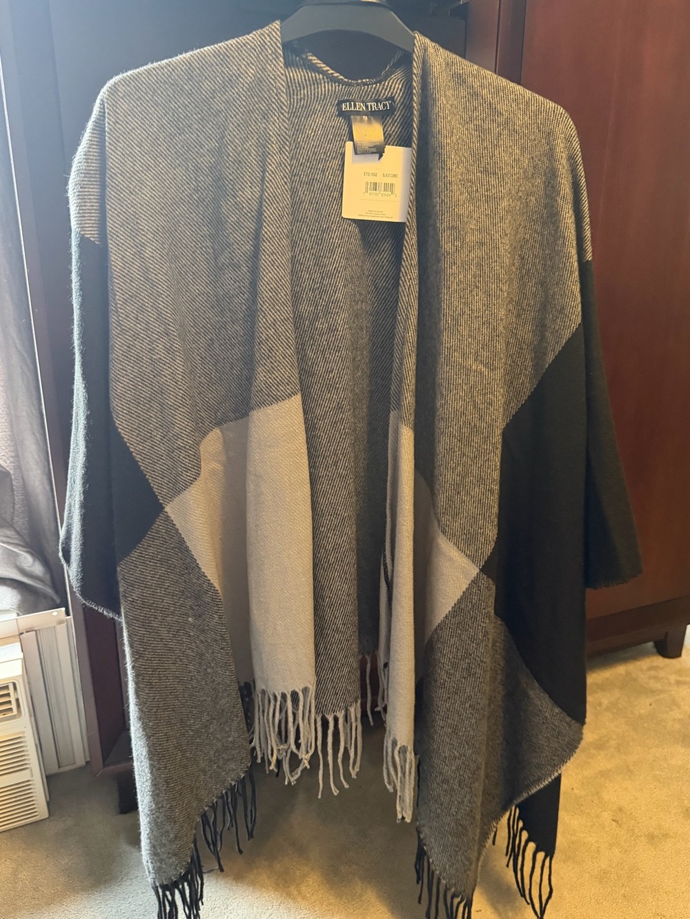 Ellen Tracy Black & Gray Striped Knit Poncho